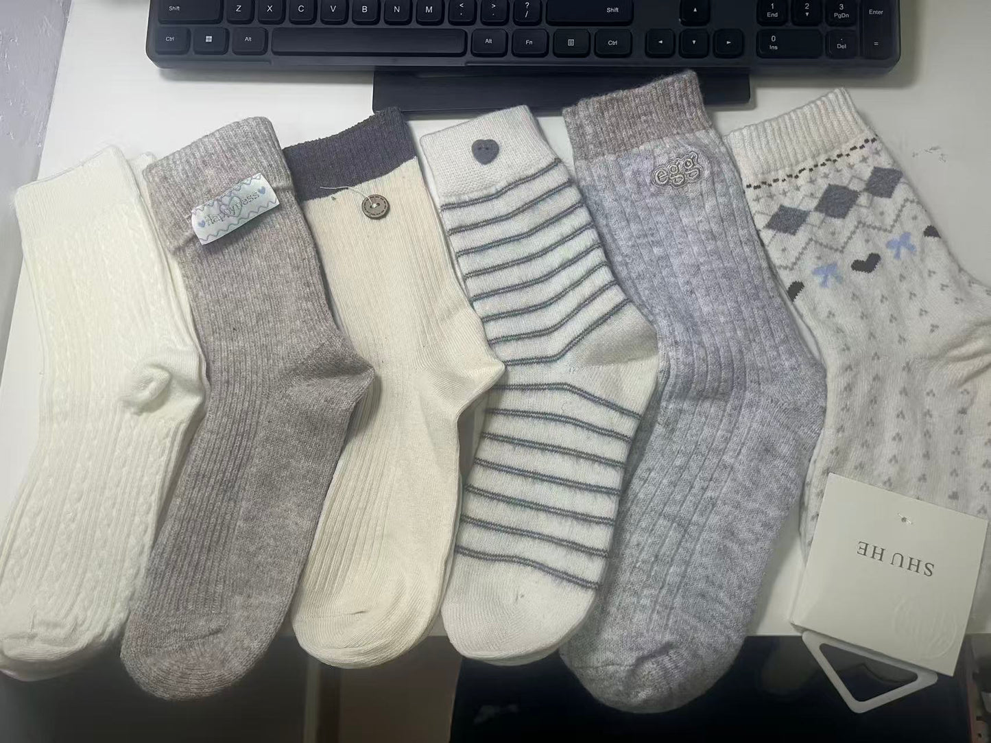 2021 - 6 Pairs Gray/White Cream Coffee Wool Socks – Cozy Socks for Adults, Ideal for Daily Casual Wear & Winter/Spring Cold-Weather Outfits