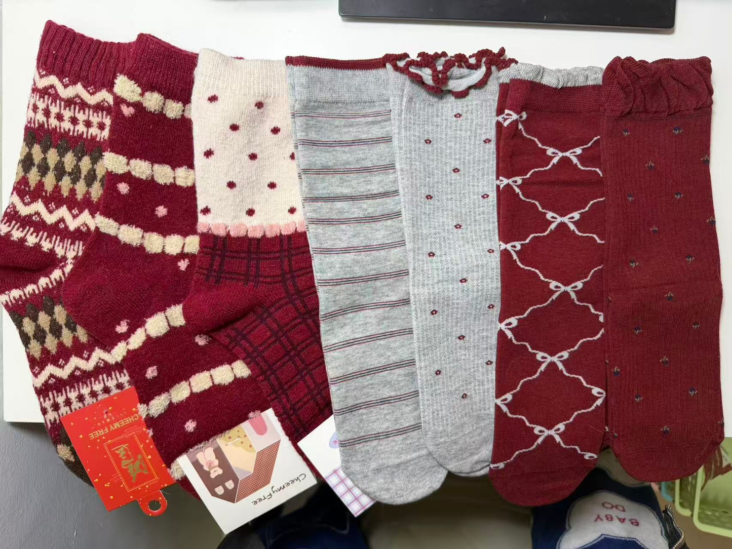 2003 - 7 Pairs Burgundy & Gray Women’s Crew Socks: Patterned Knit Socks with Argyle/Bows – Cozy Warm Socks for Daily & Casual Wear