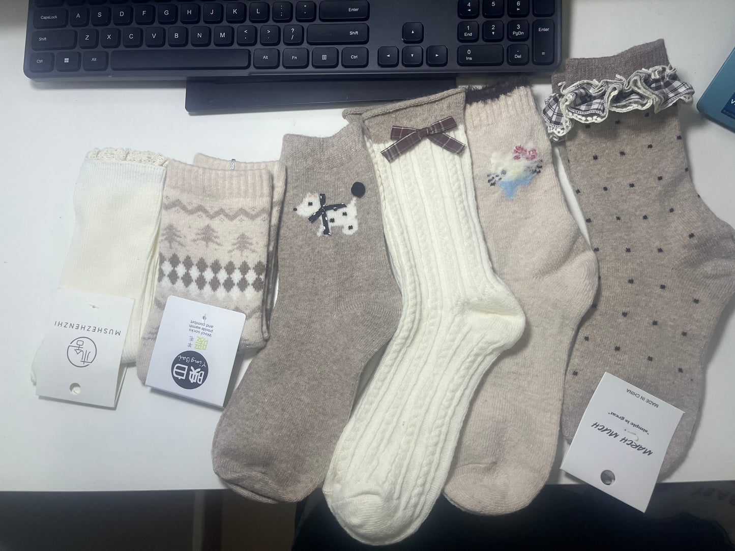 2010 - 6 Pairs Beige & Cream Crew Socks (Chestnut Cream Roll): Knit Socks for Pastel-Style Fans – Ideal for Daily Brunch Outings & Cozy Home Relaxation