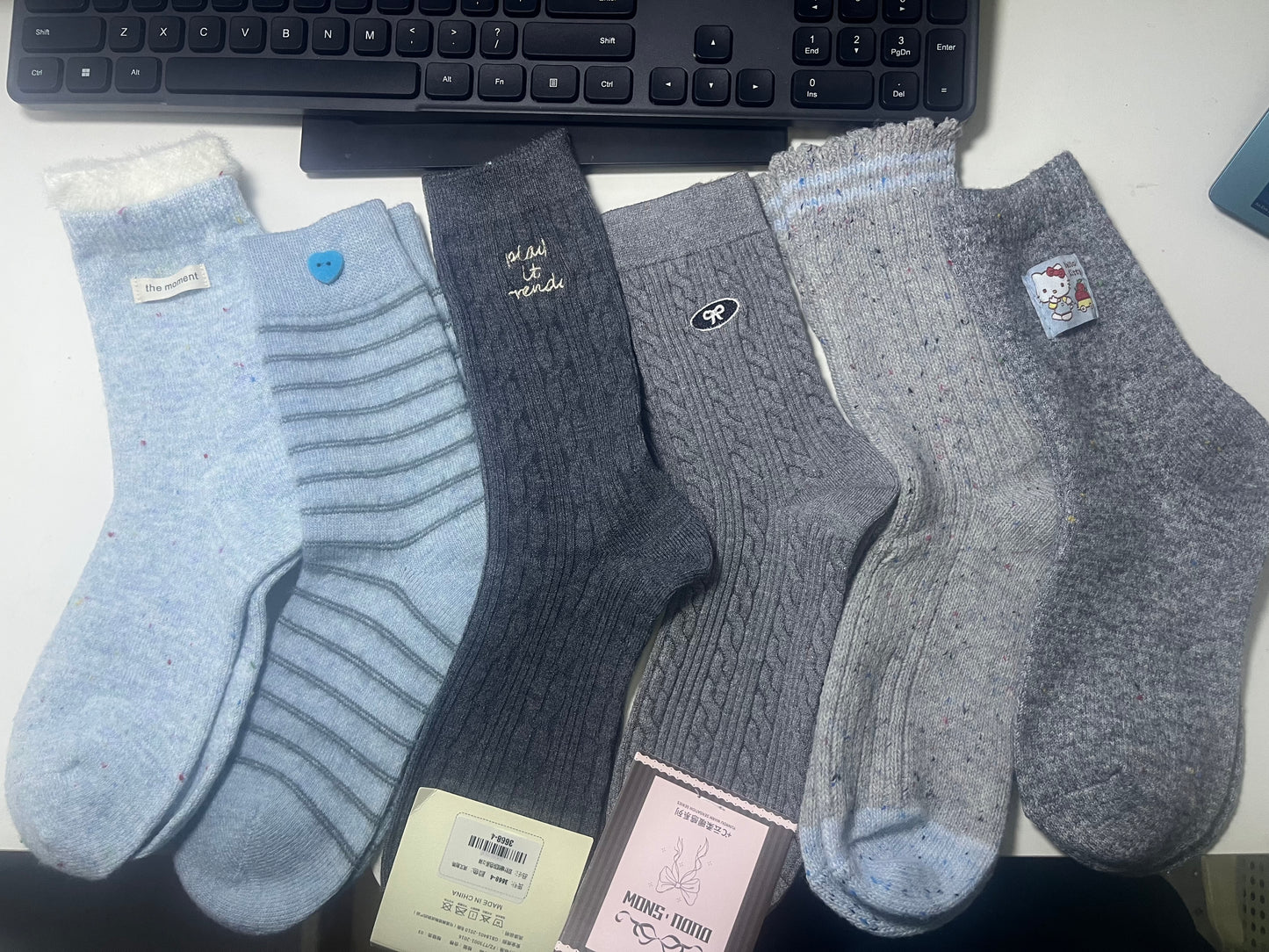 2008 - 6 Pairs Gray & Light Blue Crew Socks (Gray-Blue Mood): Patterned Knit Socks for Gentle Style Lovers – Ideal for Daily Office Work & Quiet Café Reading Sessions