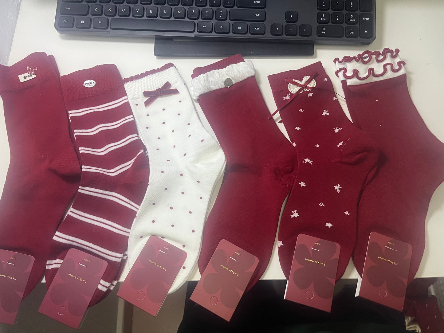 2017 - 6 Pairs Red & White Crew Socks (Little Red Butterfly): Cute Bow-Embellished Socks for Young Females – Ideal for Daily Casual Wear & Spring Date Outfits