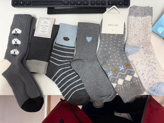2001 - 6 Pairs Gray & Light Blue Women’s Socks Set: Cute Dog/Heart Patterns, Warm Knit Crew Socks – Stylish & Cozy Daily Wear Socks for Cold Days
