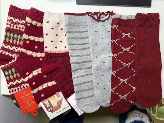 2003 - 7 Pairs Burgundy & Gray Women’s Crew Socks: Patterned Knit Socks with Argyle/Bows – Cozy Warm Socks for Daily & Casual Wear