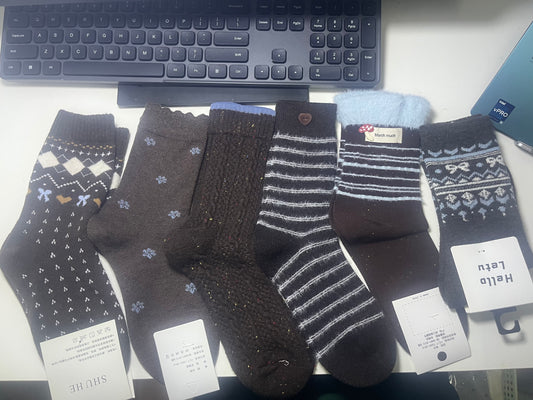 2006 - 6 Pairs Brown & Gray Retro Denim Socks: Patterned Knit Socks for Vintage-Style Lovers – Ideal for Daily Streetwear & Casual Café Outings