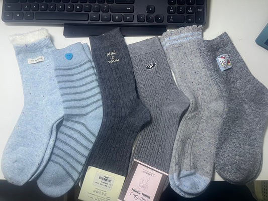 2008 - 6 Pairs Gray & Light Blue Crew Socks (Gray-Blue Mood): Patterned Knit Socks for Gentle Style Lovers – Ideal for Daily Office Work & Quiet Café Reading Sessions