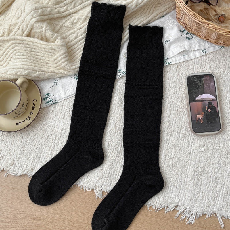 Vintage hollow-out wool calf socks for women, mid-calf slouchy socks, warm for autumn and winter, suitable to match boots, over-the-knee socks and boot socks