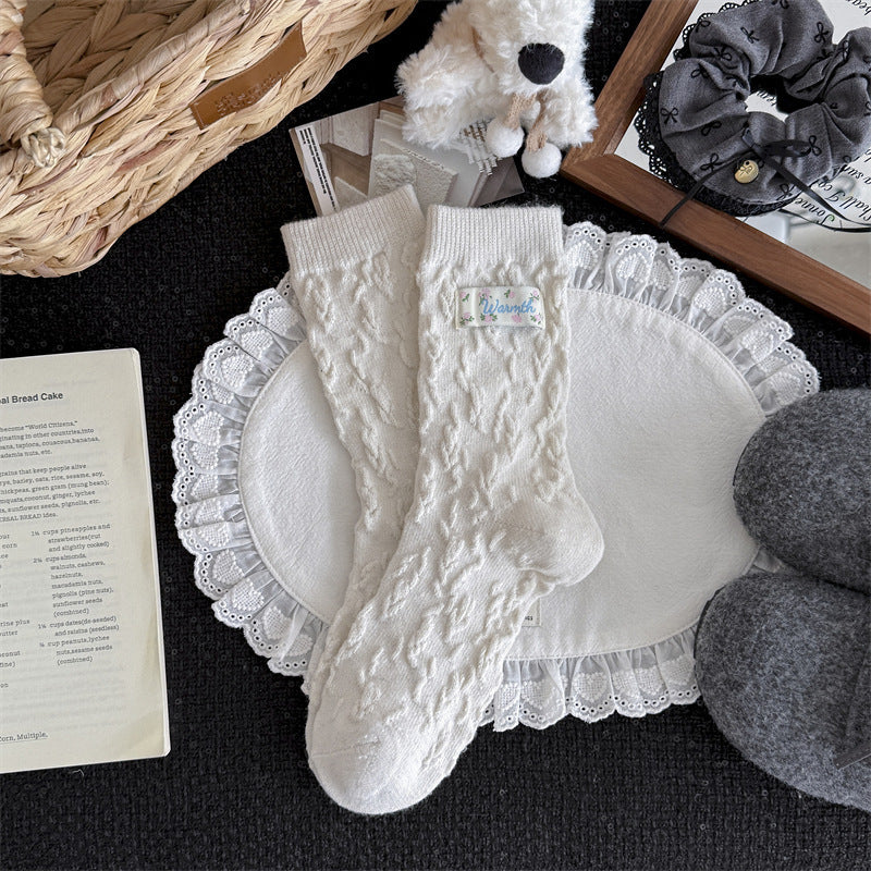 2018 - Single Pair Gray/White Floral Embossed Cable Knit Wool Socks – Warm Socks for Women, Ideal for Daily Casual Wear & Winter/Spring Cold Weather Matches