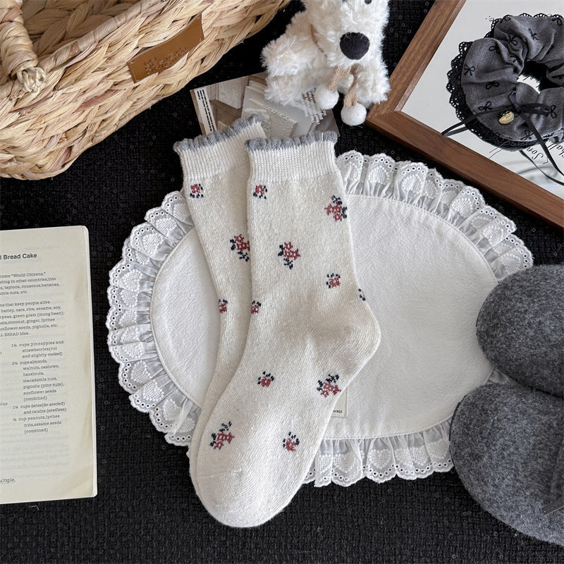 2018 - Single Pair Gray/White Floral Embossed Cable Knit Wool Socks – Warm Socks for Women, Ideal for Daily Casual Wear & Winter/Spring Cold Weather Matches