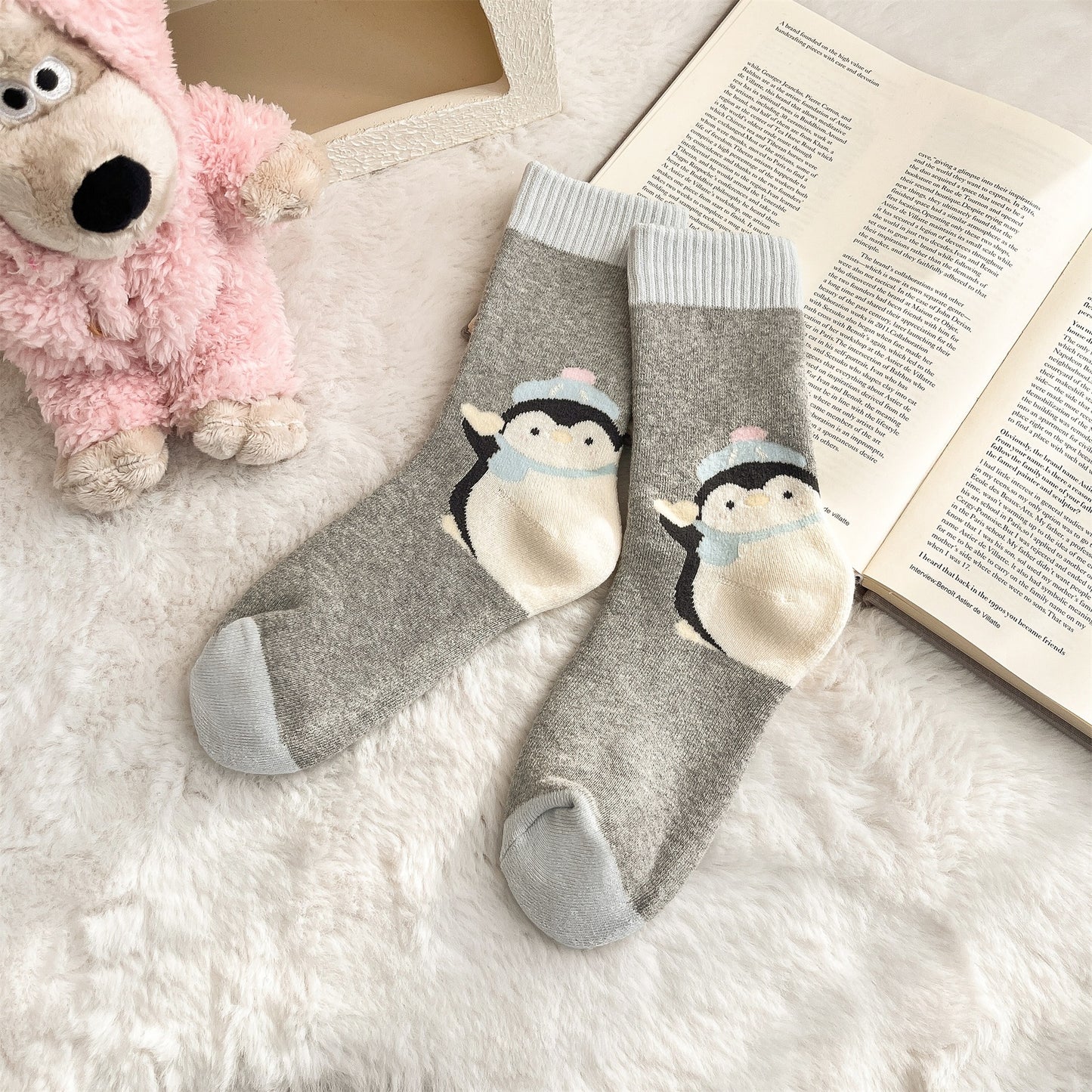 2019 - Single Pair Patterned Heel Fleece Cotton Socks (Bear/Penguin/Panda/Cat) – Warm Socks for Teens & Young Adults, Ideal for Winter Daily Casual Wear