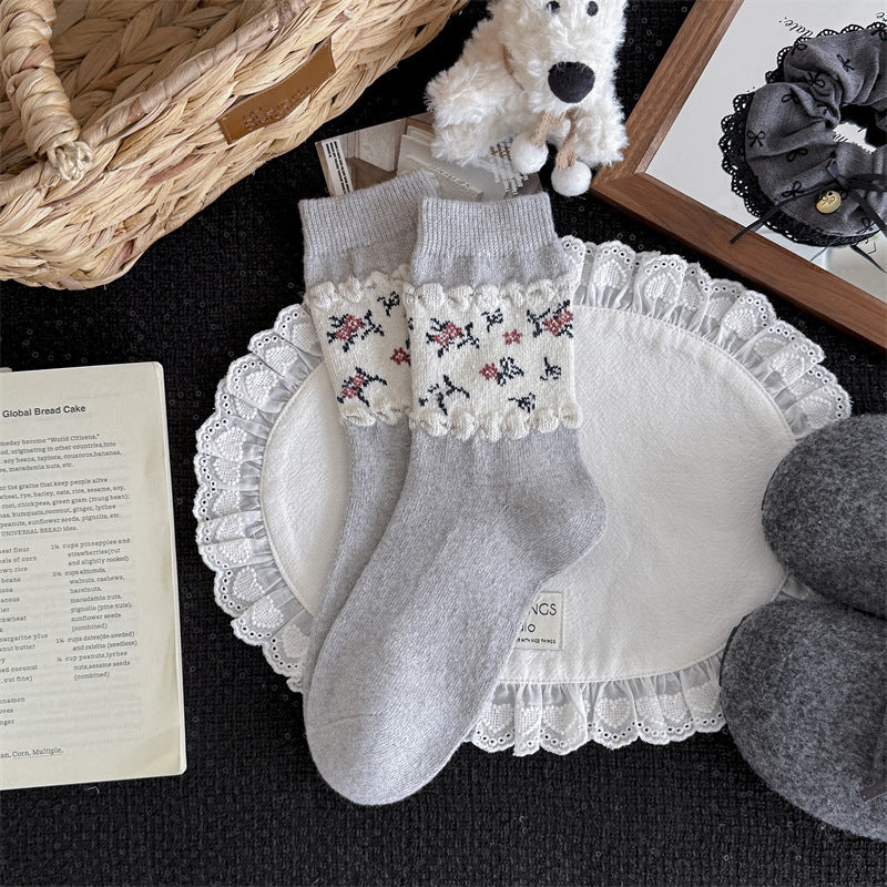 2018 - Single Pair Gray/White Floral Embossed Cable Knit Wool Socks – Warm Socks for Women, Ideal for Daily Casual Wear & Winter/Spring Cold Weather Matches