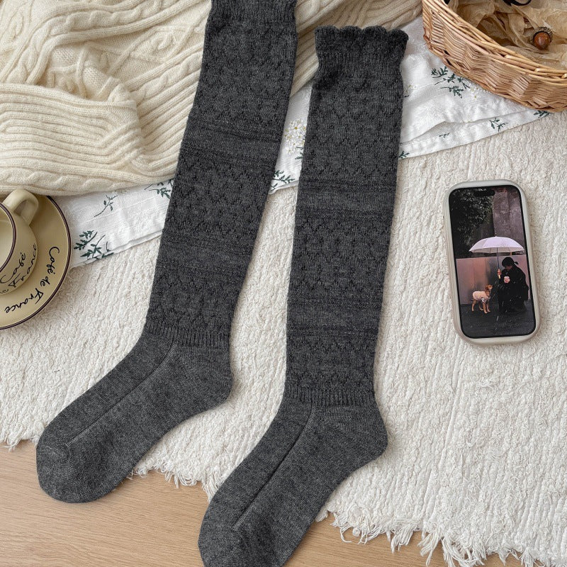Vintage hollow-out wool calf socks for women, mid-calf slouchy socks, warm for autumn and winter, suitable to match boots, over-the-knee socks and boot socks