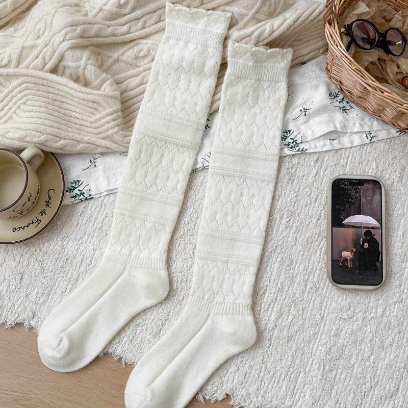 Vintage hollow-out wool calf socks for women, mid-calf slouchy socks, warm for autumn and winter, suitable to match boots, over-the-knee socks and boot socks