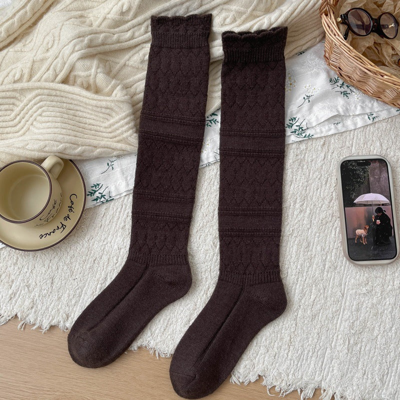 Vintage hollow-out wool calf socks for women, mid-calf slouchy socks, warm for autumn and winter, suitable to match boots, over-the-knee socks and boot socks