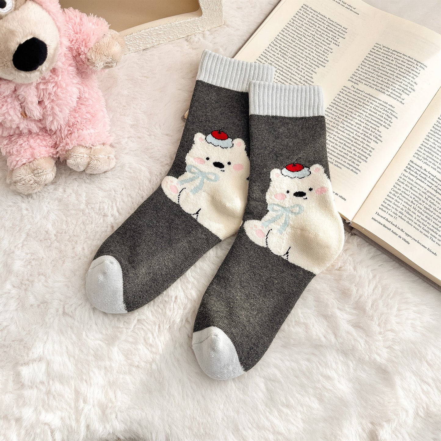 2019 - Single Pair Patterned Heel Fleece Cotton Socks (Bear/Penguin/Panda/Cat) – Warm Socks for Teens & Young Adults, Ideal for Winter Daily Casual Wear