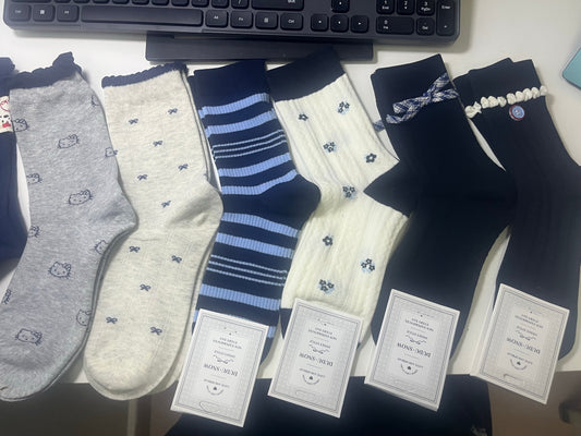 2015 - 7 Pairs Blue, Black & White Crew Socks (Kitty Academy Blue-Black): Hello Kitty Socks for Teen Girls – Ideal for School Uniform Matching & Casual Campus Hangouts